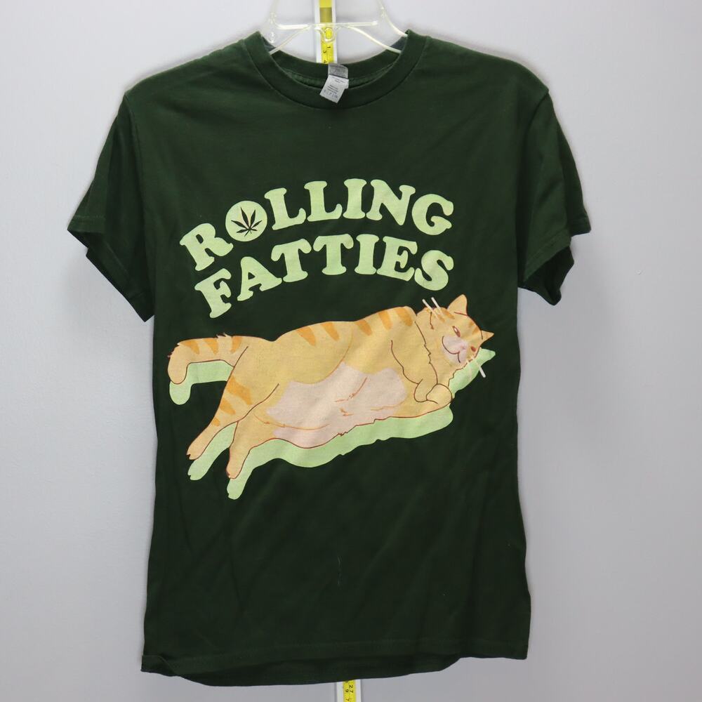Gildan Rolling Fatties Cat Graphic Tee Green Size S Funny T-Shirt‎